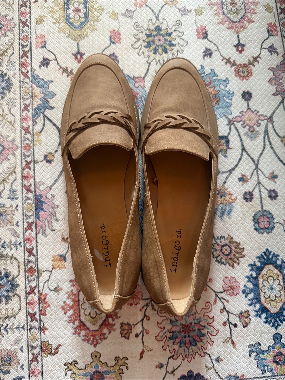 Indigo Braided Strap Loafers in Tan Suede
